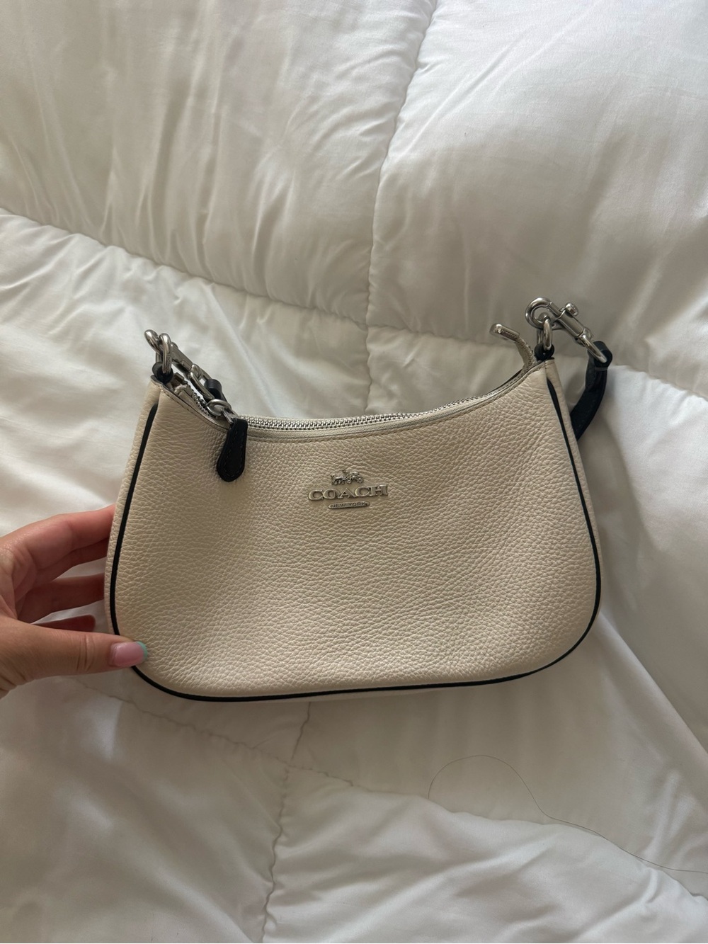 Authentic Coach Cream Pebbled Leather Mini Shoulder Bag with Black Trim